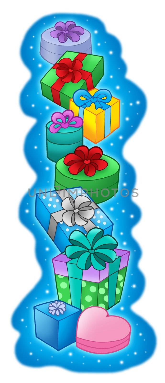 Pile of Christmas gifts on blue background -color illustration.