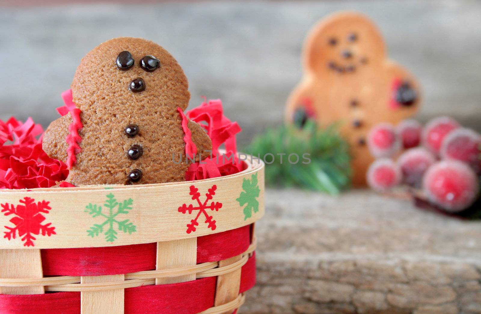 Gingerbread man in a basket with another in the background. Used a selective focus with a shallow depth of field.