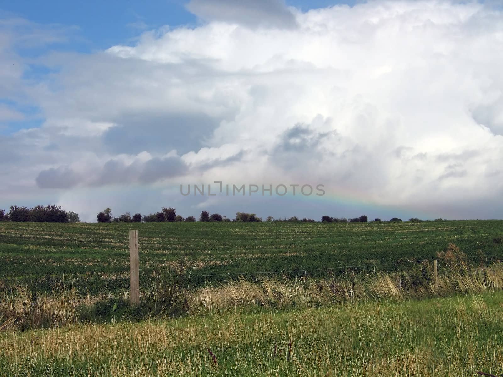 Colorful Rainbow over wide open green fields