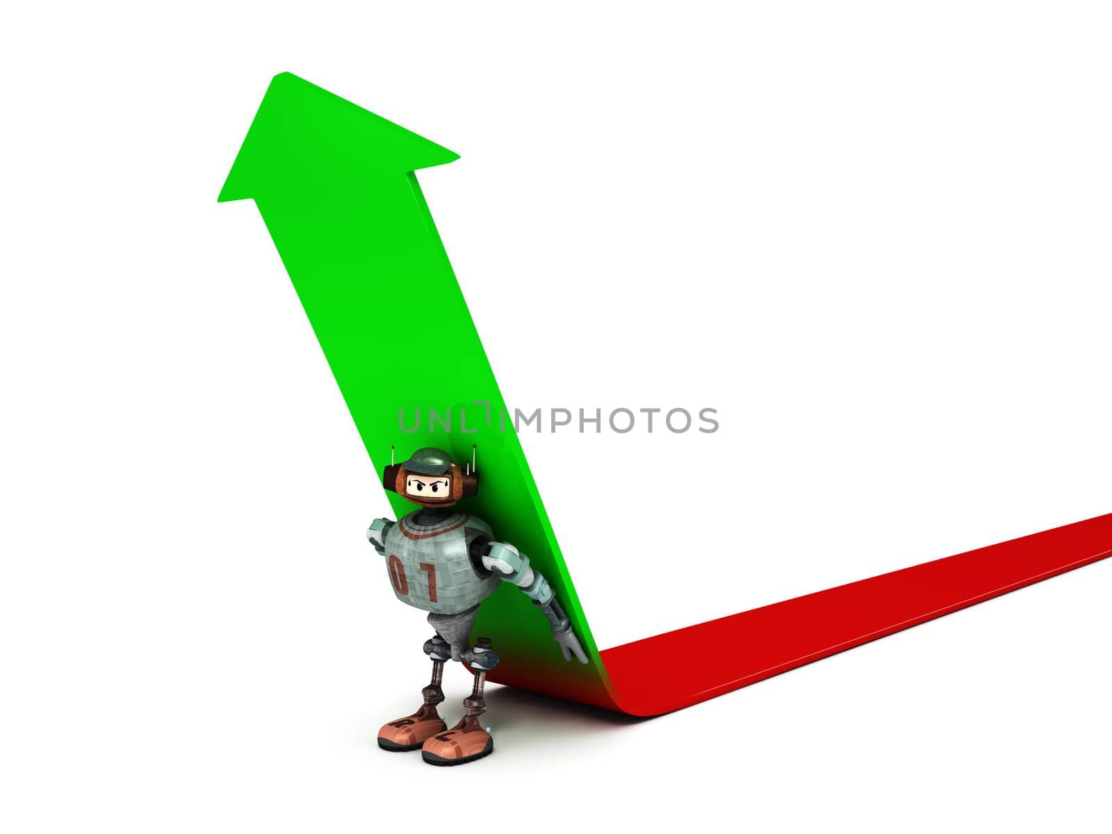 Wide view of Djoby the robot forcing an arrow to go up with a white background
