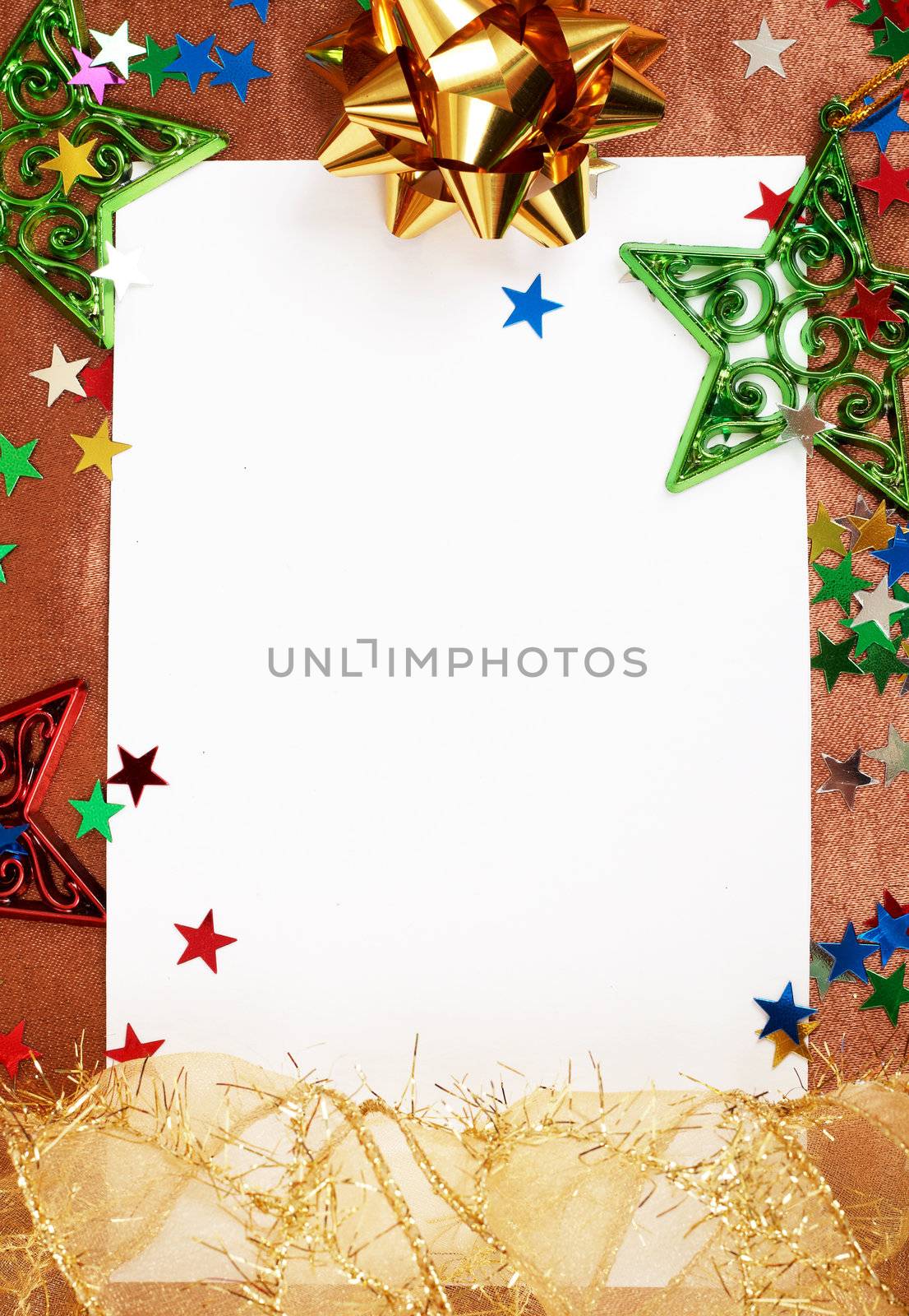 White Christmas card with colorful decorations