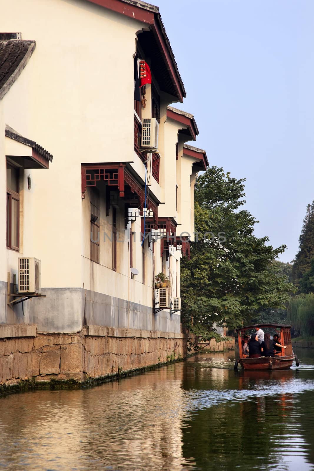 Boat On Canal Ancient Chinese Houses Reflection Suzhou China by bill_perry