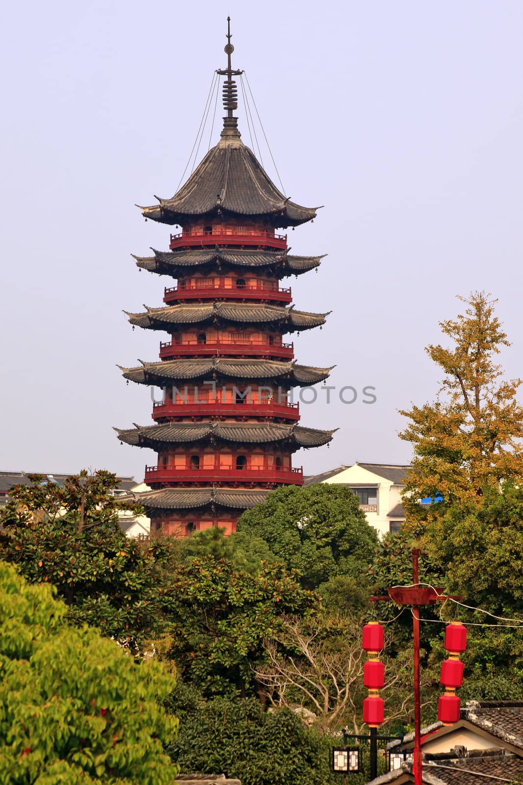 Ancient Chinese Ruigang Pagoda Dates Back to Song Dynasty Red Lanterns Suzhou China