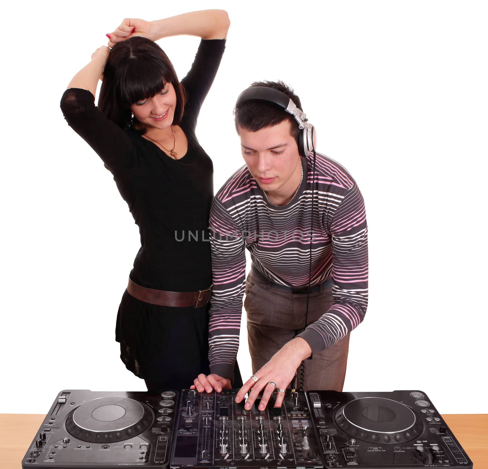 dj and beautiful girl play music and dance by goce