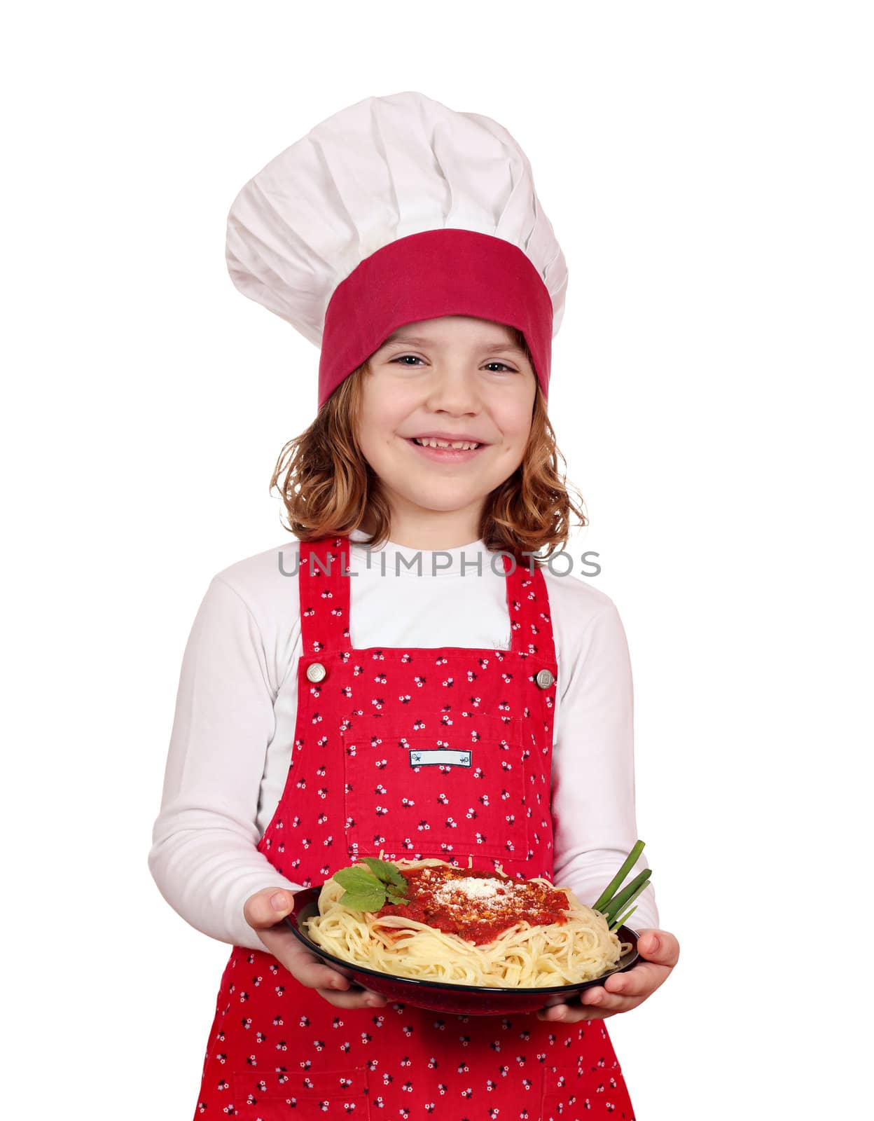 happy little girl cook with spaghetti on white  by goce
