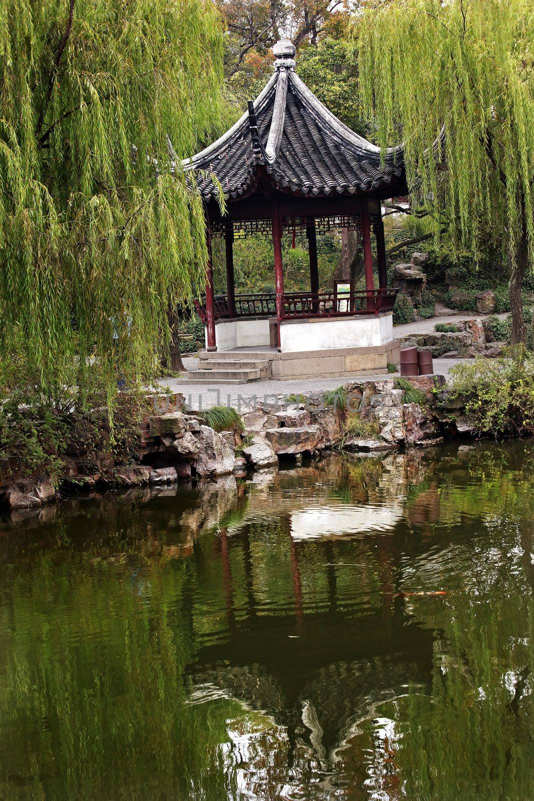 Ancient Chinese Pagoda Reflection Green Willows Garden of the Humble Administrator, Zhouzheng Yuan, Water, Suzhou, Jiangsu, China  Built in the 1500s