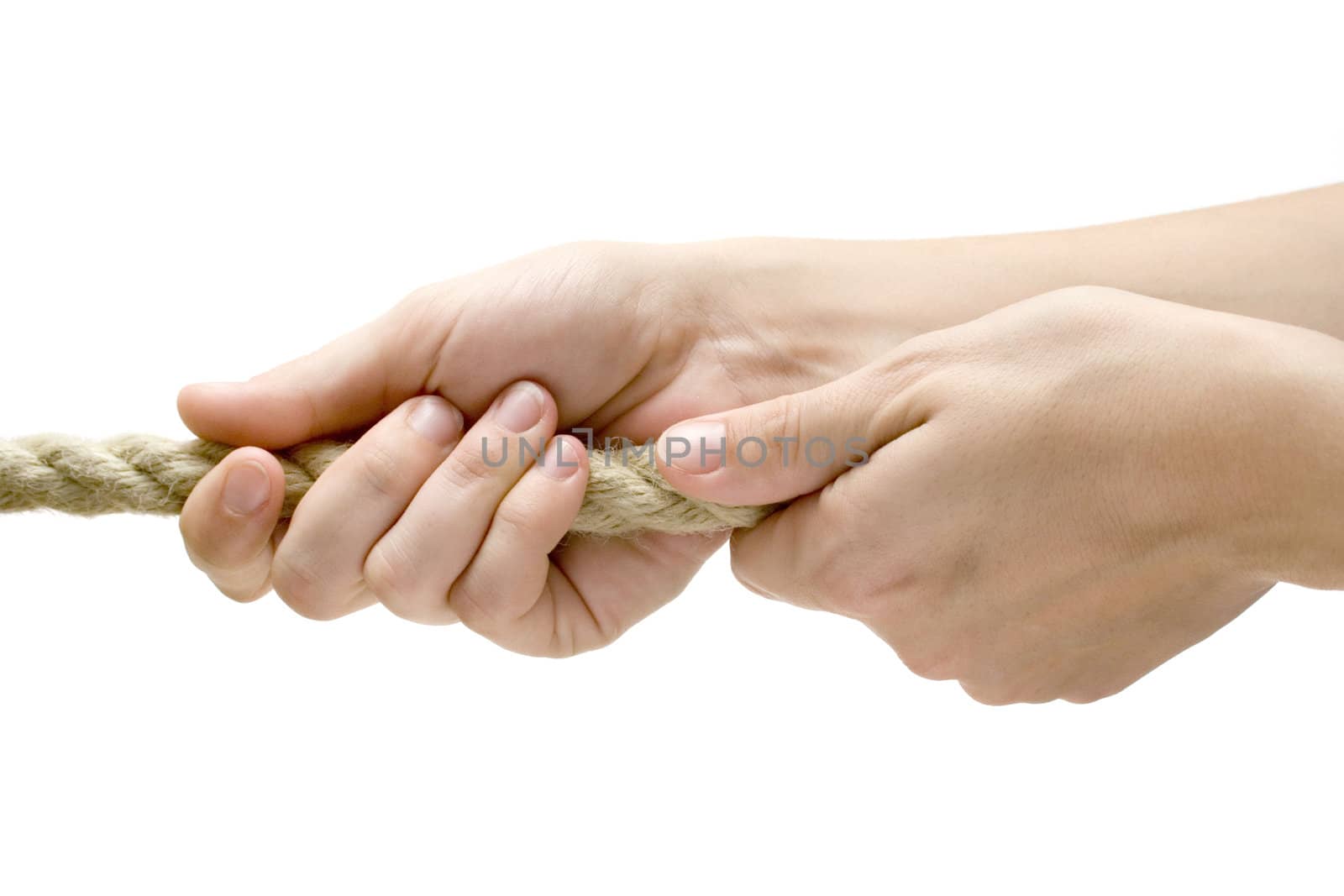 Female hands pulling a rope. Isolated on a white background.