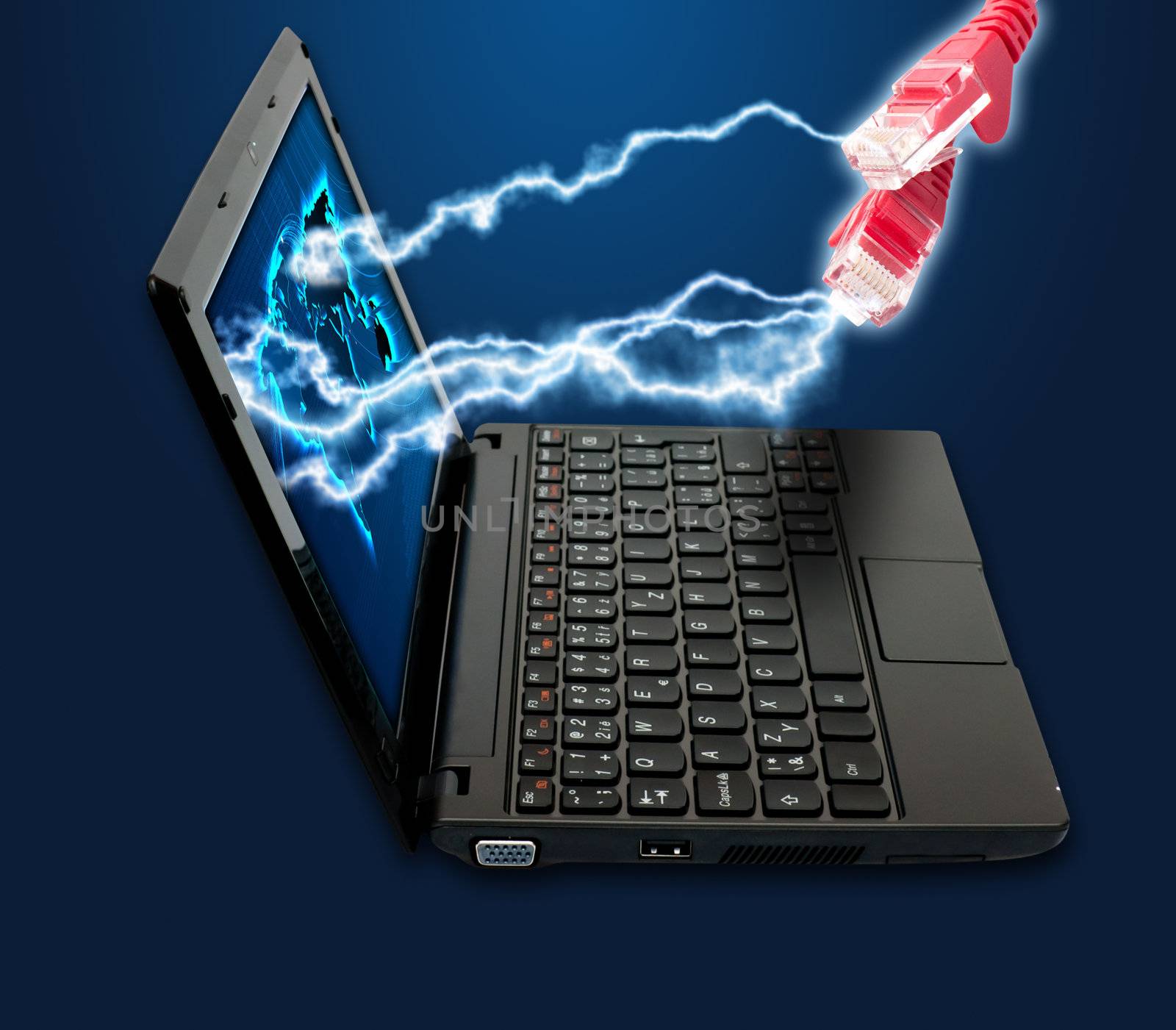 Internet Concept - Notebook and Ethernet Cables on Dark Blue Background