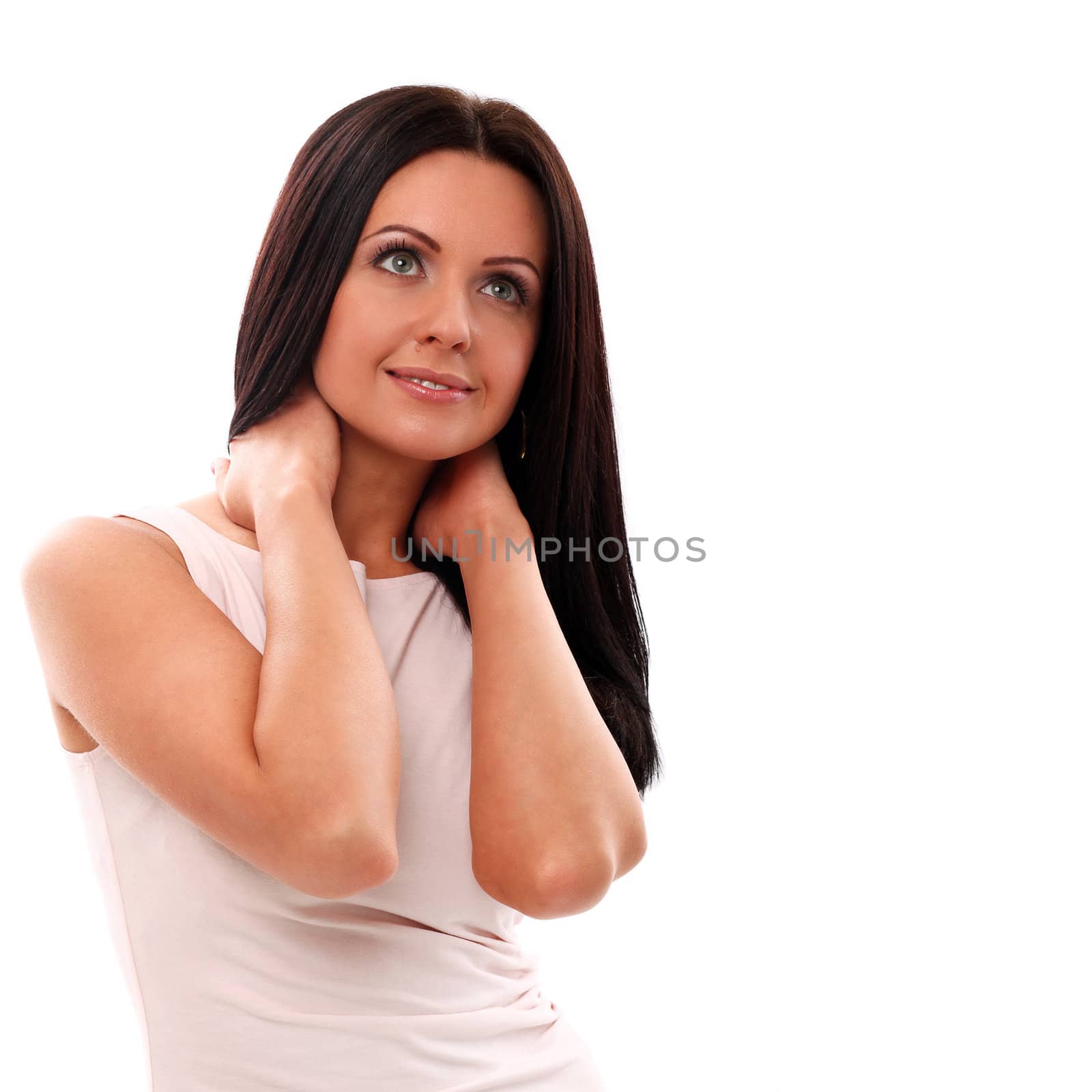 Happy caucasian woman posing isolated over white background