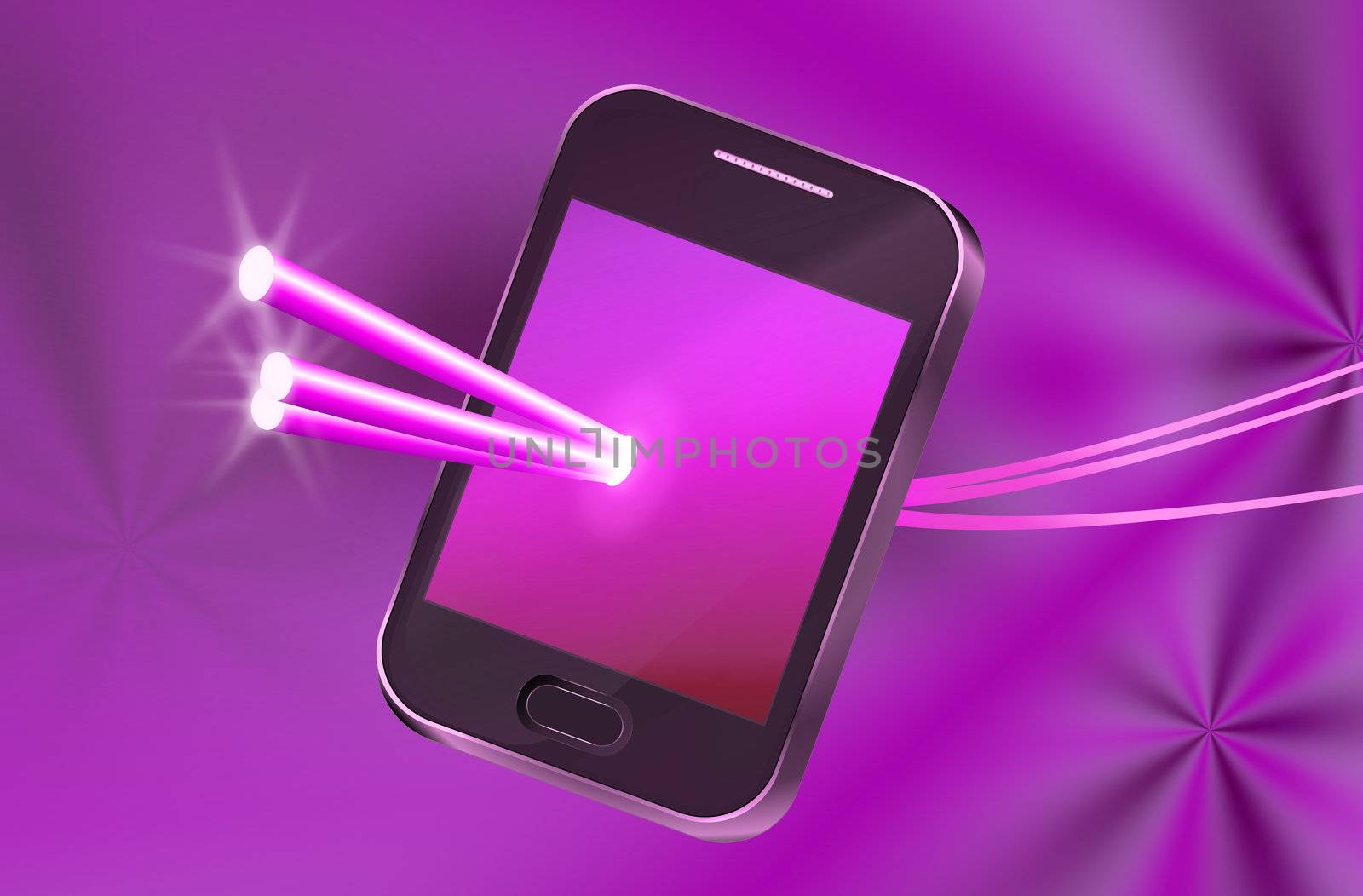 Illustration depicting a telecommunications device with illuminated fiber optic strands appearing to pass through the illuminated screen with abstract background.