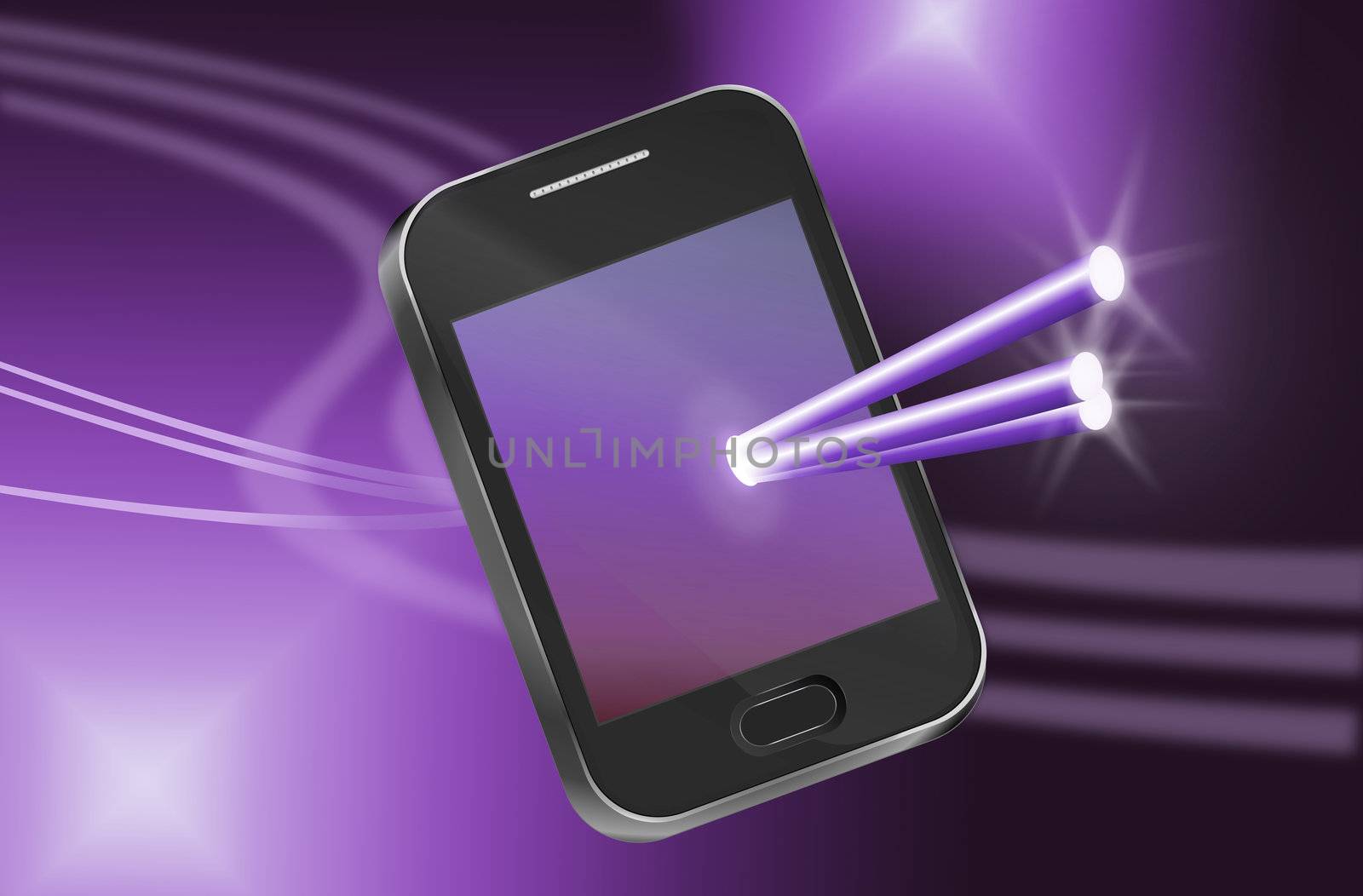 Illustration depicting a telecommunications device with illuminated fiber optic strands appearing to pass through the illuminated screen with abstract background.