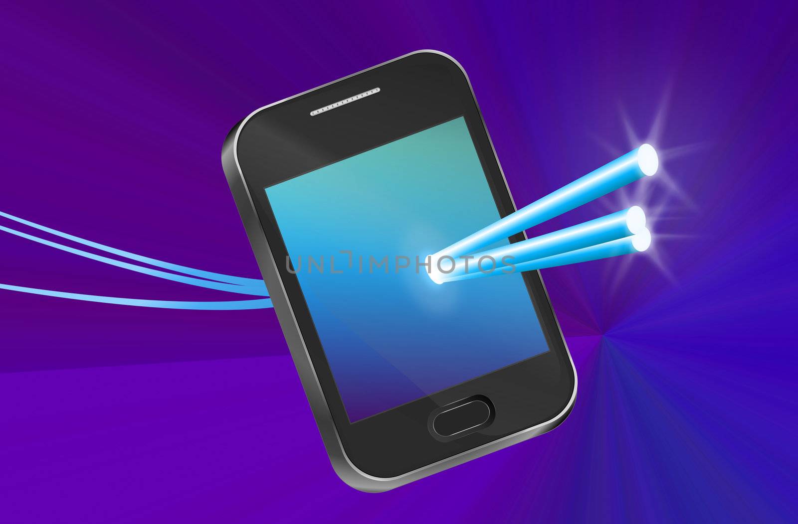 Illustration depicting a telecommunications device with illuminated fiber optic strands appearing to pass through the illuminated screen with abstract background.