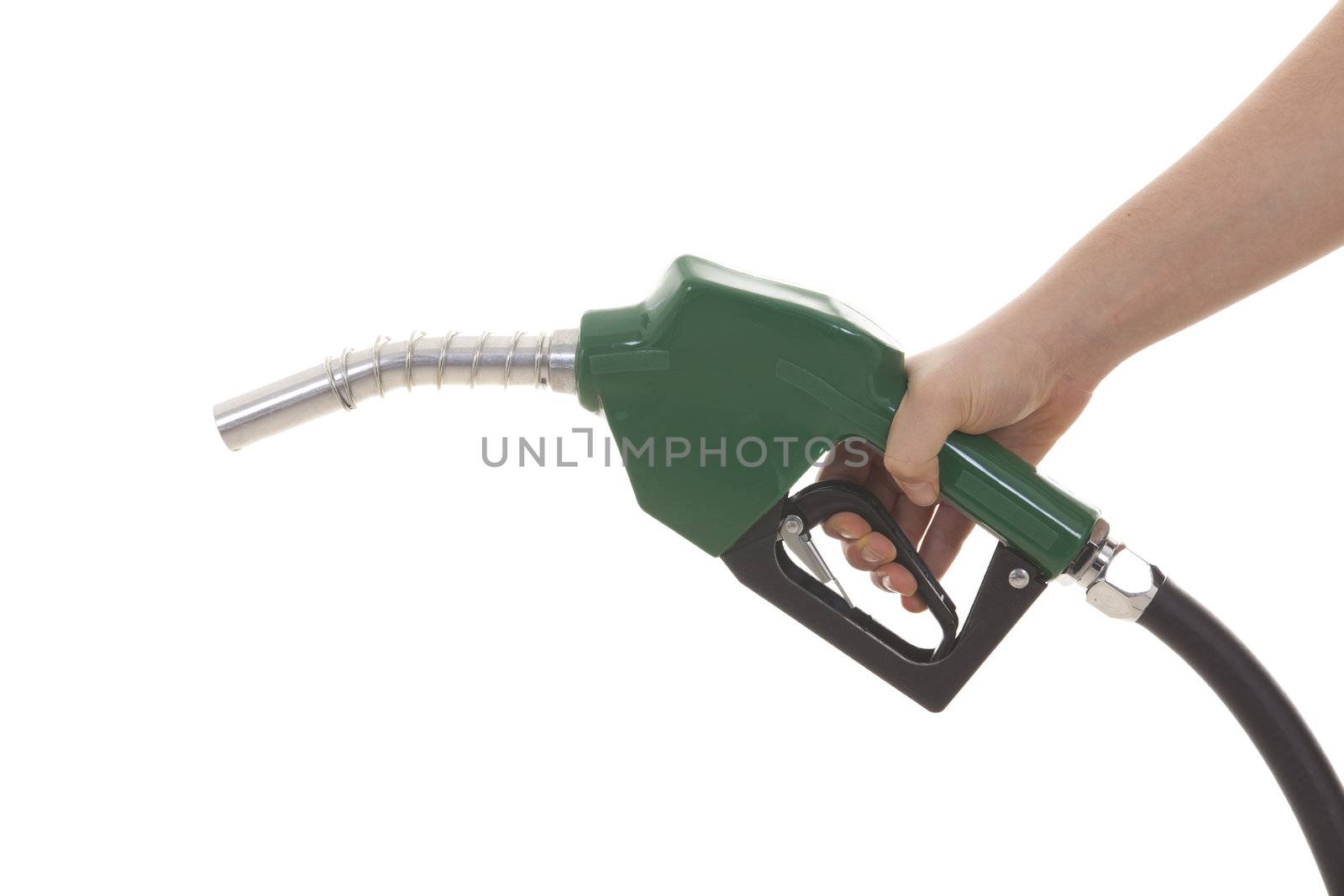 hand holding gas pump isolated on white