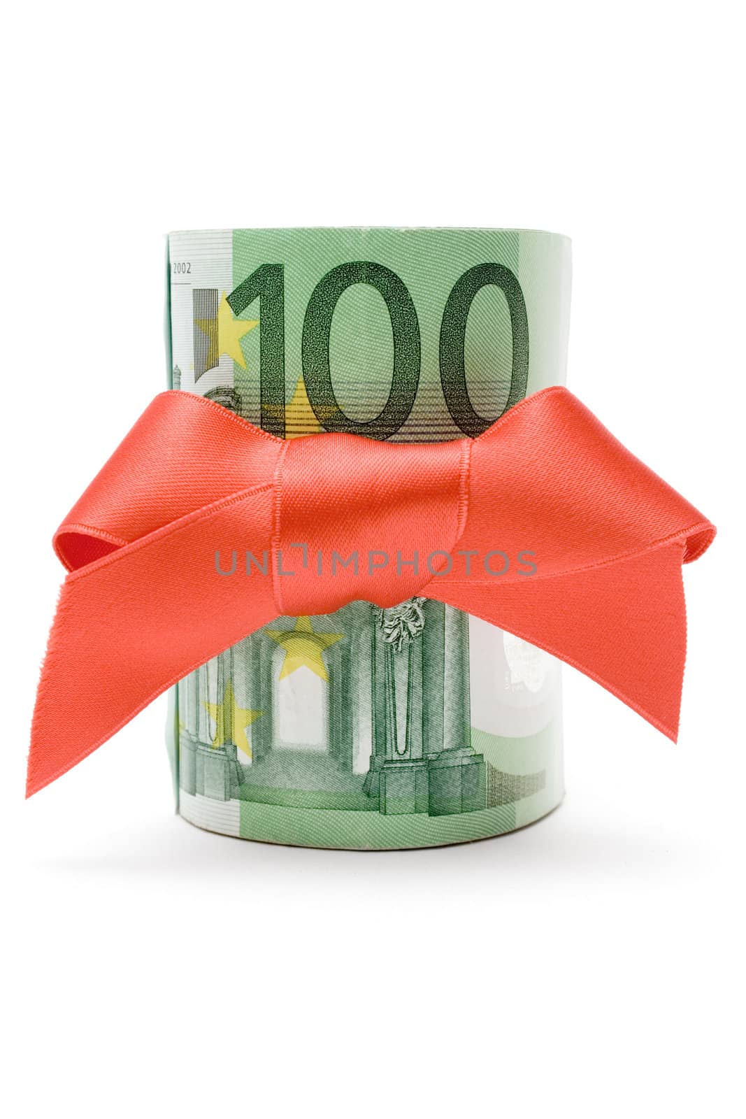 Bundle of 100 Euro banknotes with a red ribbon isolated on a white background.