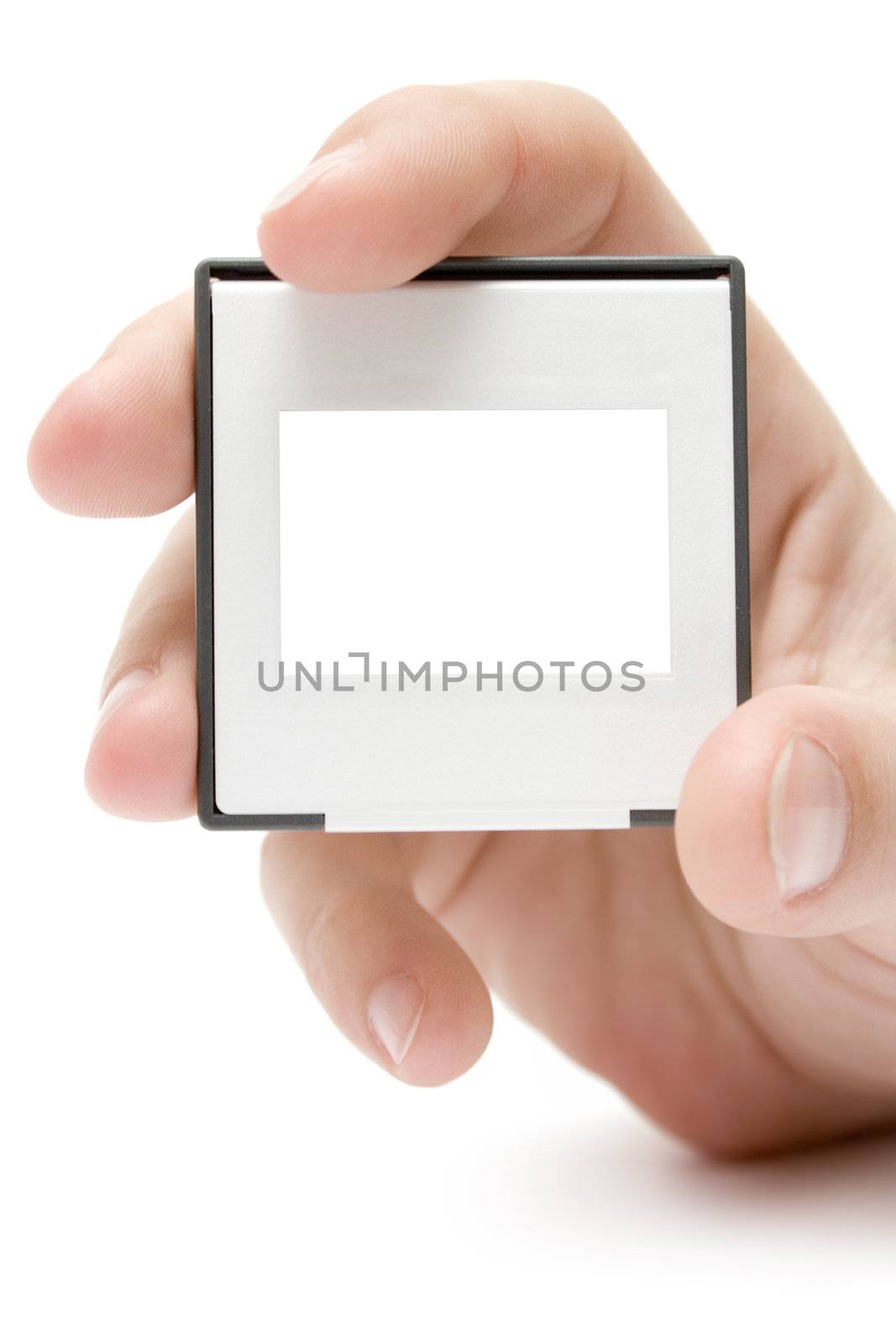 Female hand presenting a picture slide. White background.