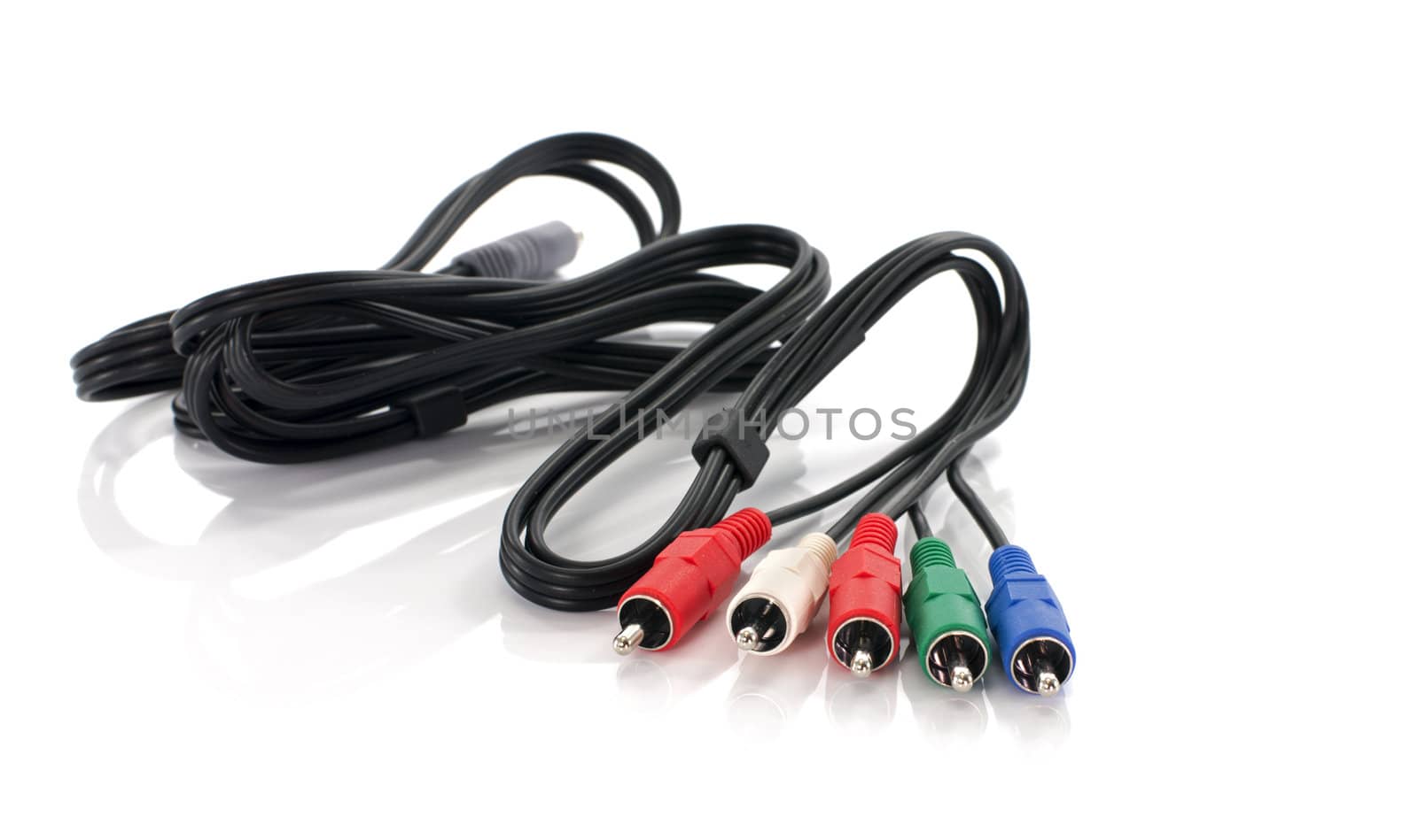 black cables with cable connectors in yellow white and red