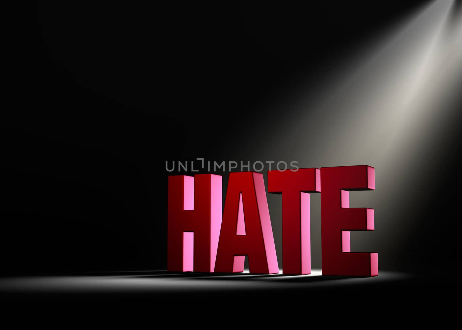 Angled spotlight backlighting and revealing red "HATE" on a dark background.