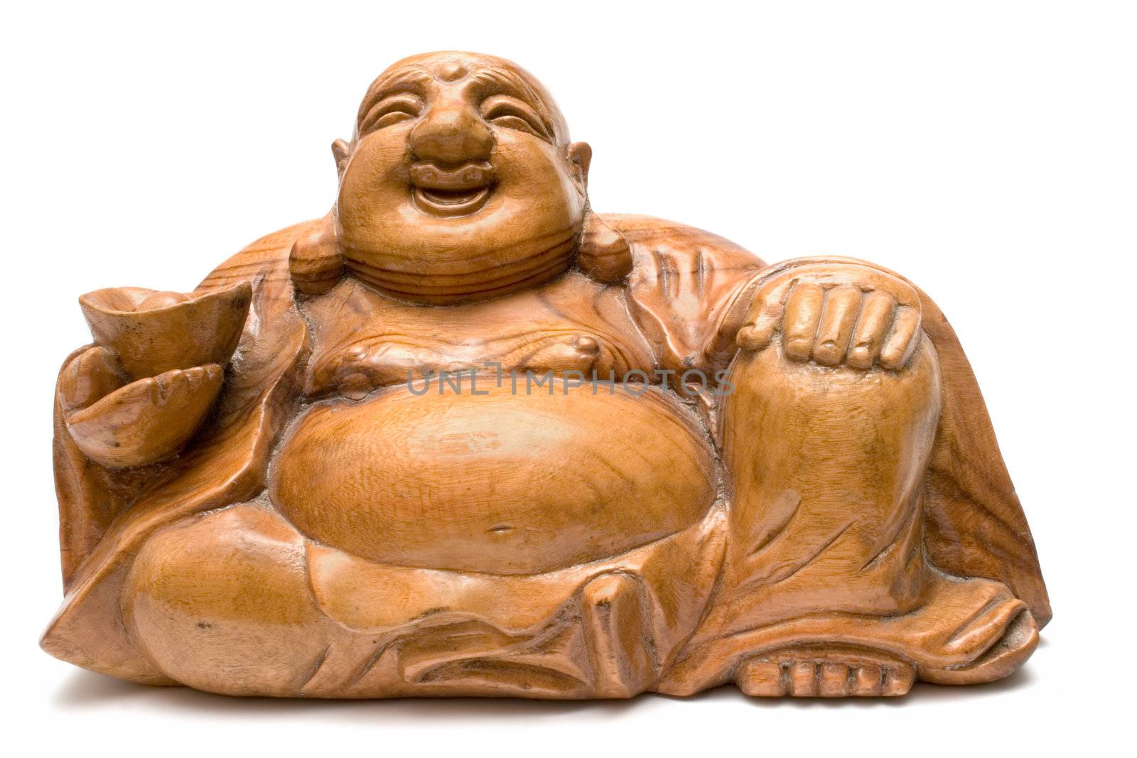 Fat wooden buddha statue isolated on a white background.