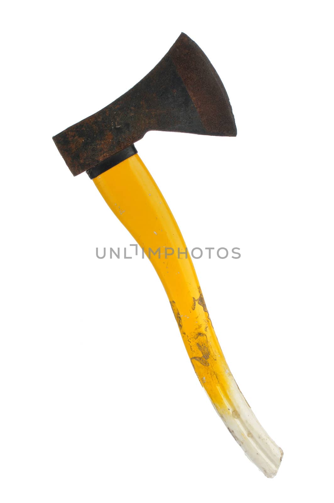 Old rusty ax with yellow handle isolated on white background