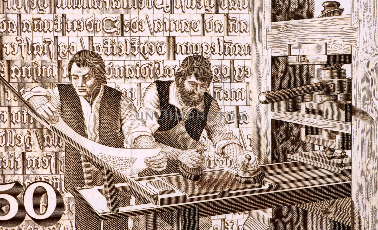 16th Century Printers at Work on 50 Kronur 1981 Banknote from Iceland.