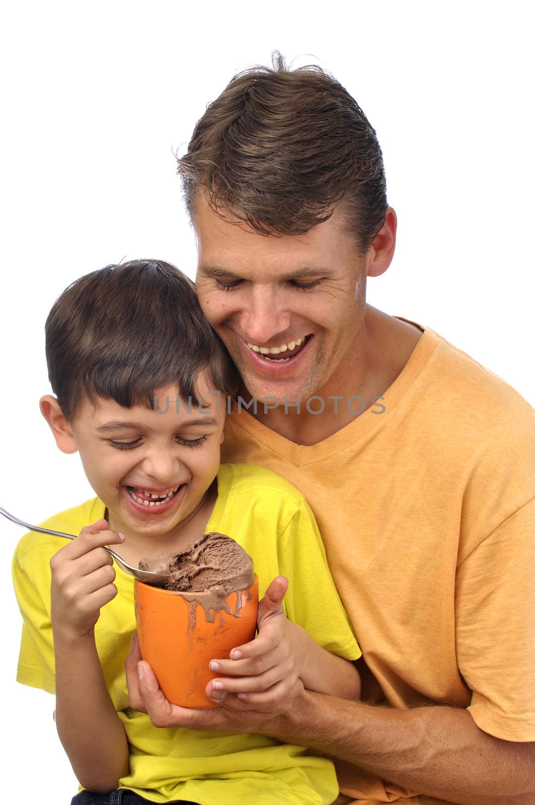 Father and son having fun and enjoy eating chocolate ice cream together on white background