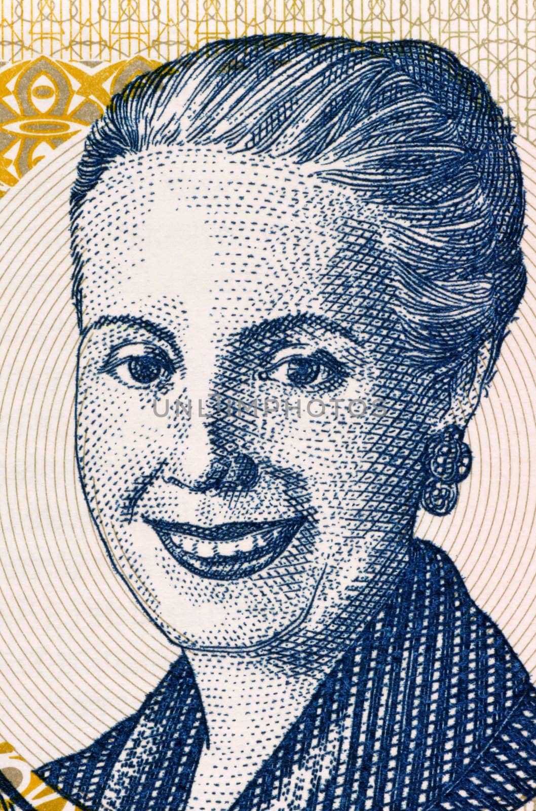 Eva Peron (1919-1952) on 2 Pesos 2001 Banknote from Argentina. Second wife of President Juan Peron. 