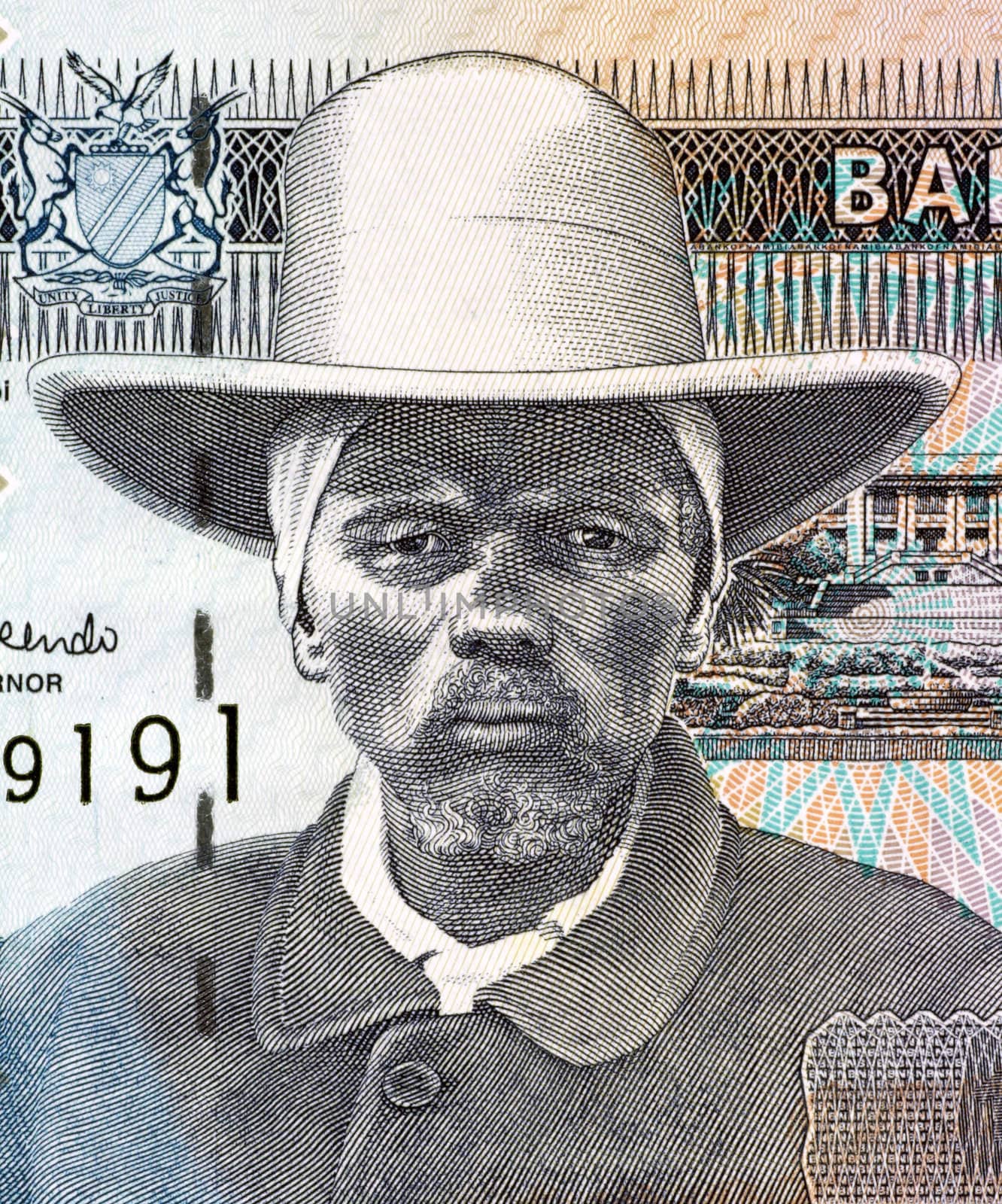Hendrik Samuel Witbooi (1906-1978) on 10 Dollars 2001 Banknote from Namibia.  6th Kaptein of the IKhowesin, a subtribe of the Orlam, in Namibia.