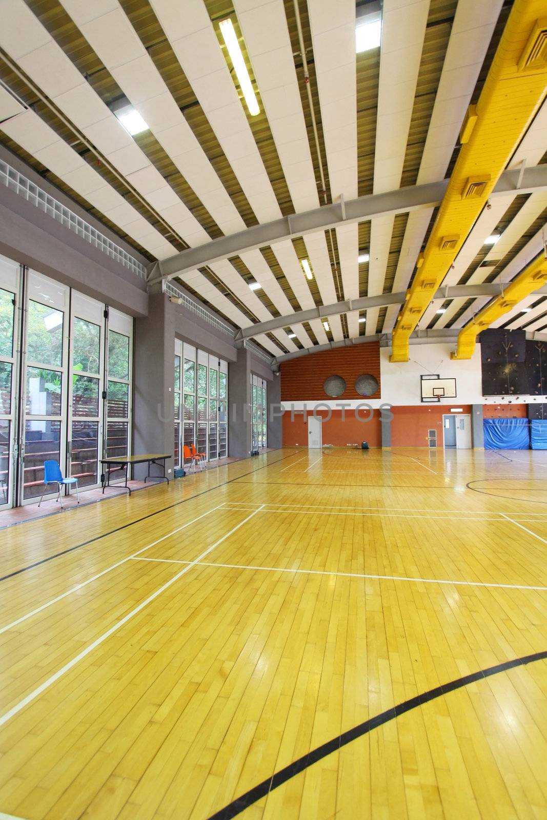 A perspective view of a basketball court 