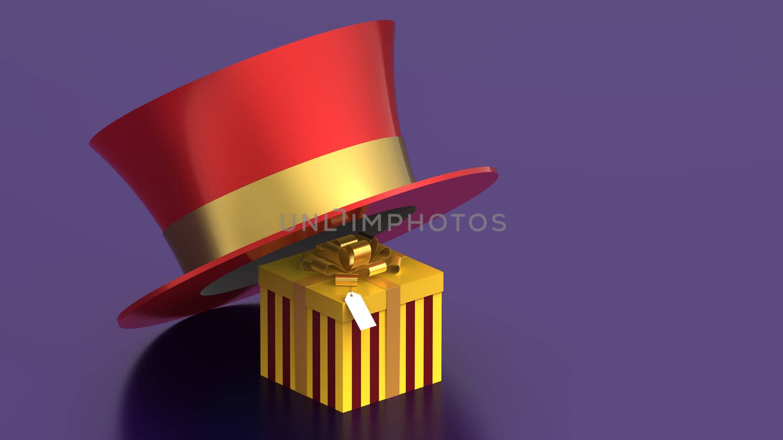 Yellow gift box under red hat on violet background, 3d render