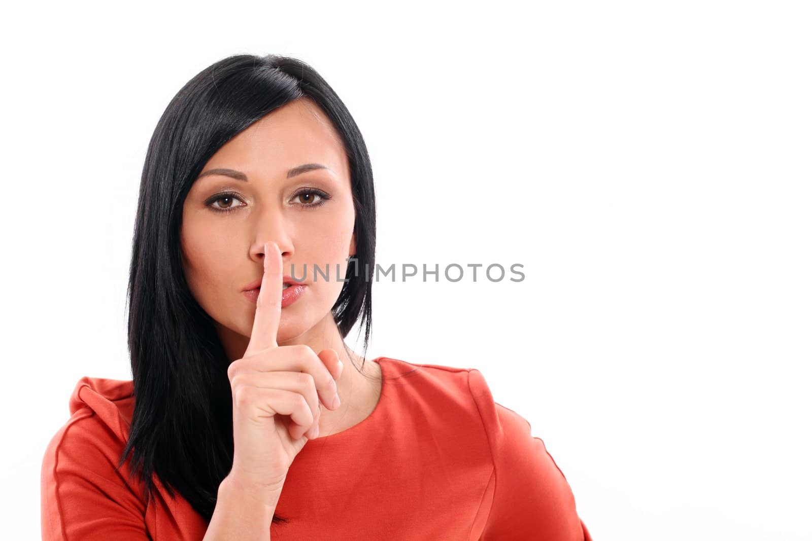 Beautiful caucasian woman asks be quiet isolated over white background