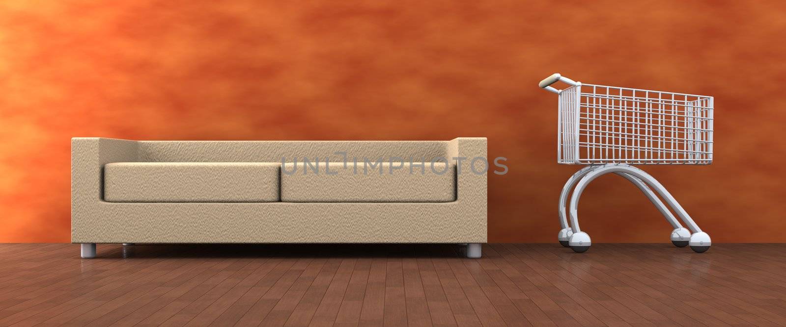 3D Illustration. A Shopping Cart in the Livingroom.
