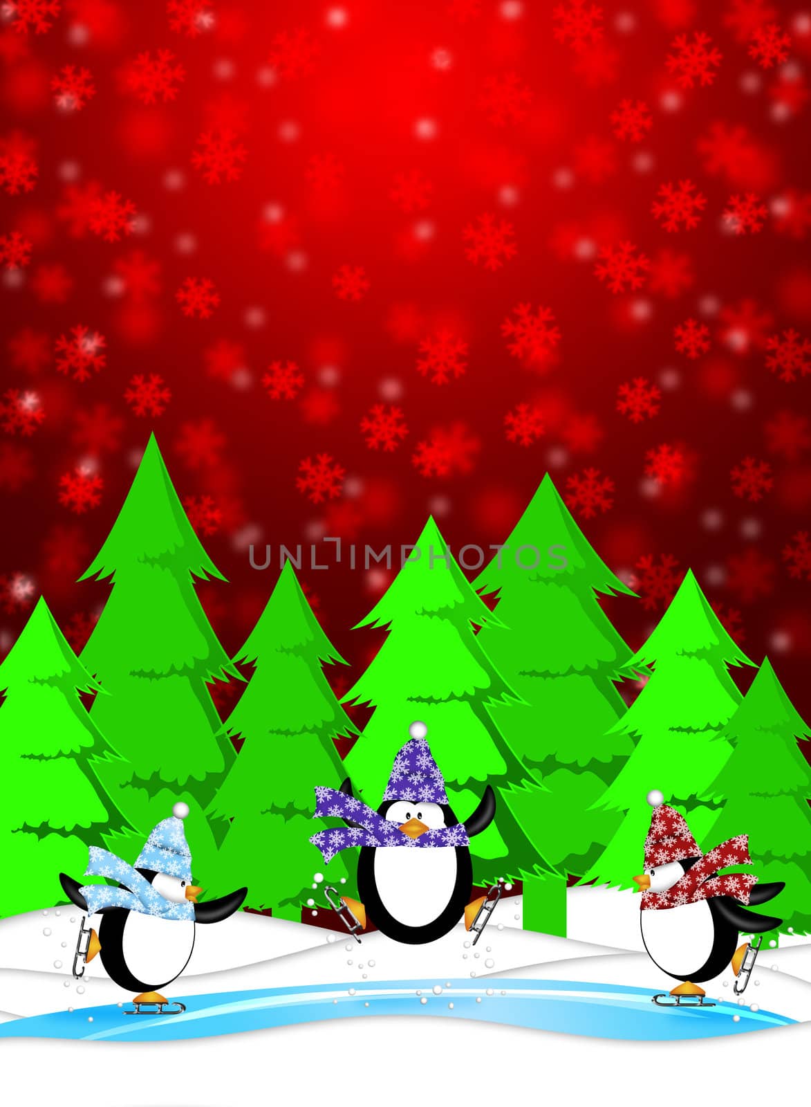 Penguins in Ice Skating Rink Winter Snowing Scene Illustration by jpldesigns