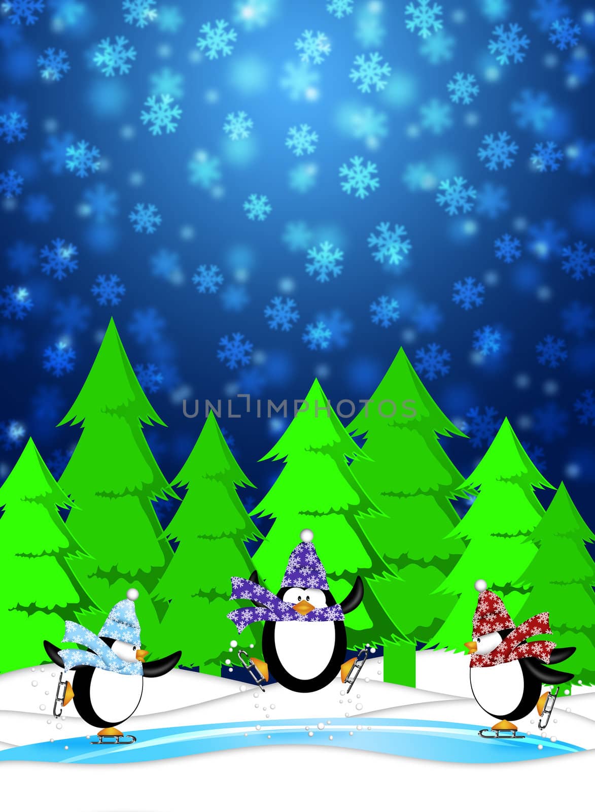 Three Penguins Skating in Ice Rink Snowing Winter Scene Illustration Blue Background