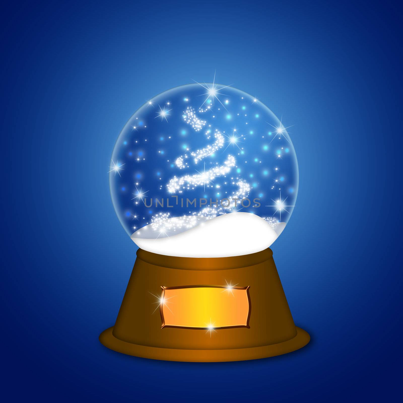 Christmas Water Snow Globe with Christmas Tree Sparkles and Snowflakes Illustration on Blue Background