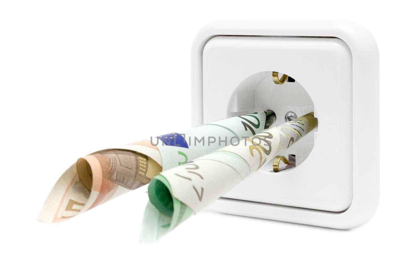 Banknotes attached to a power socket. Isolated on a white background.
