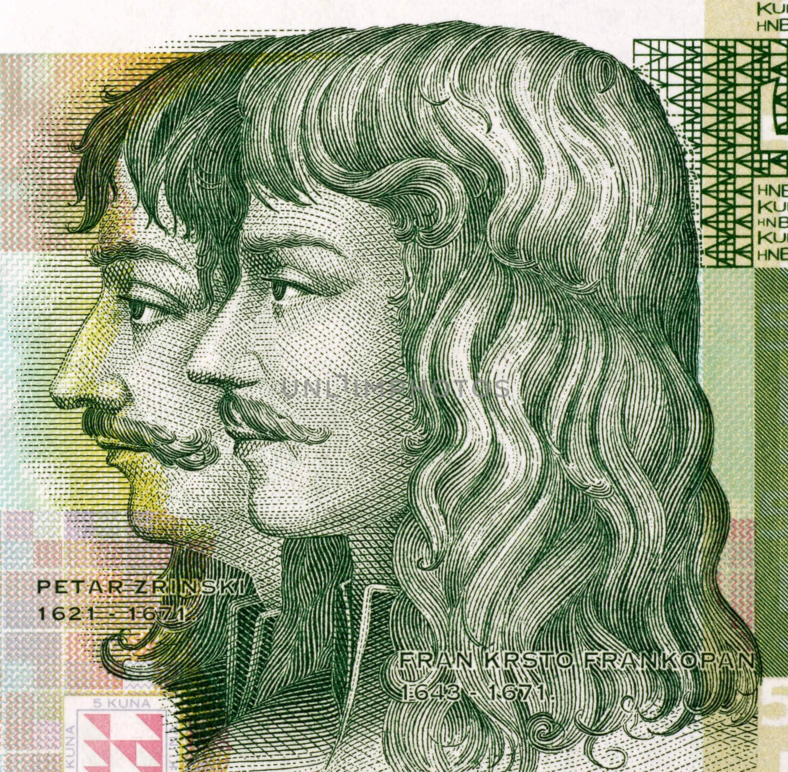 Petar Zrinski (1621-1671) and Fran Krsto Frankopan (1643-1771) on 5 Kuna 2001 Banknote from Croatia.  Attempted to throw off Habsburg and other foreign influences over Hungary and Croatia.