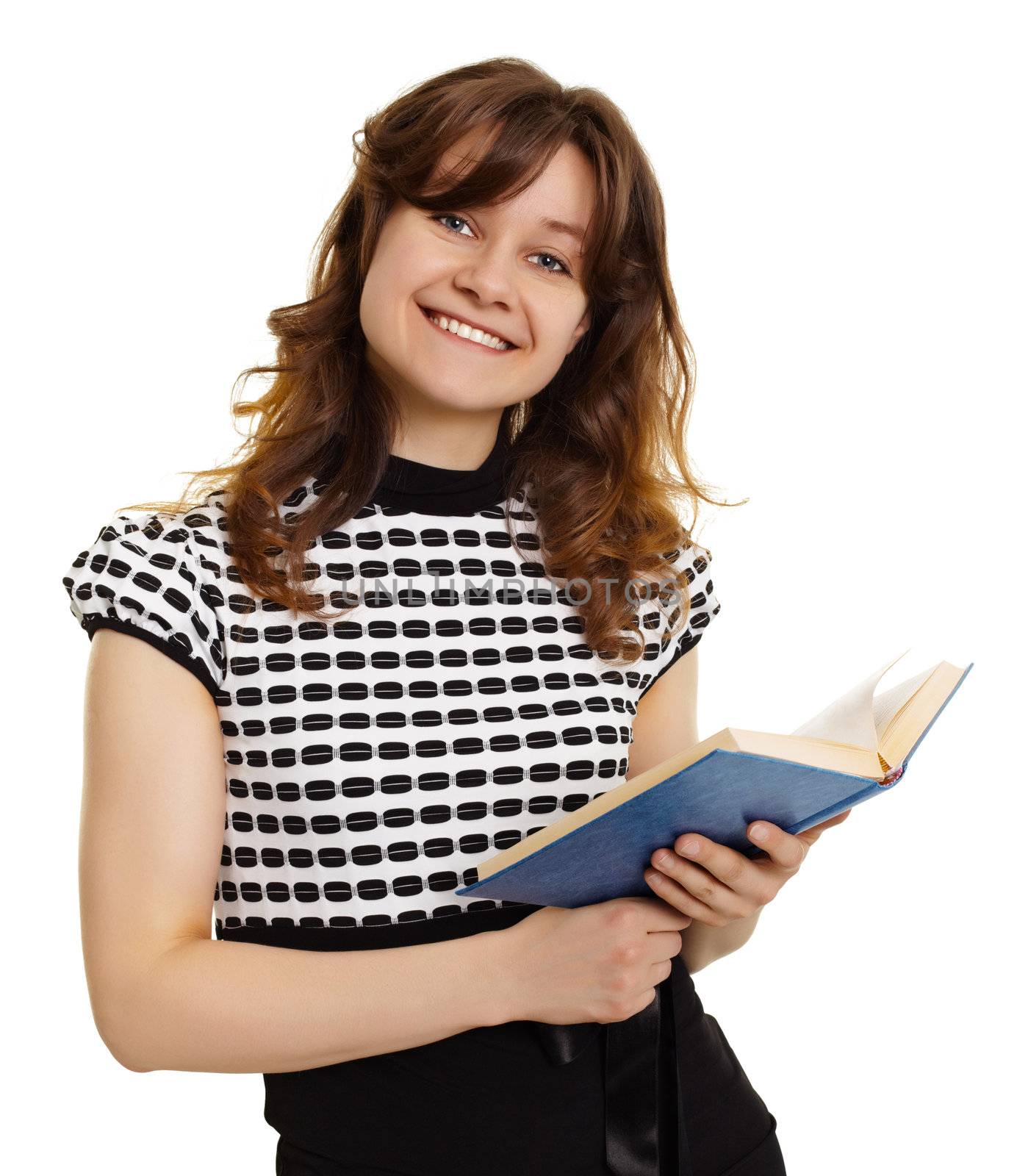 Smiling girl with a book isolated on white by pzaxe