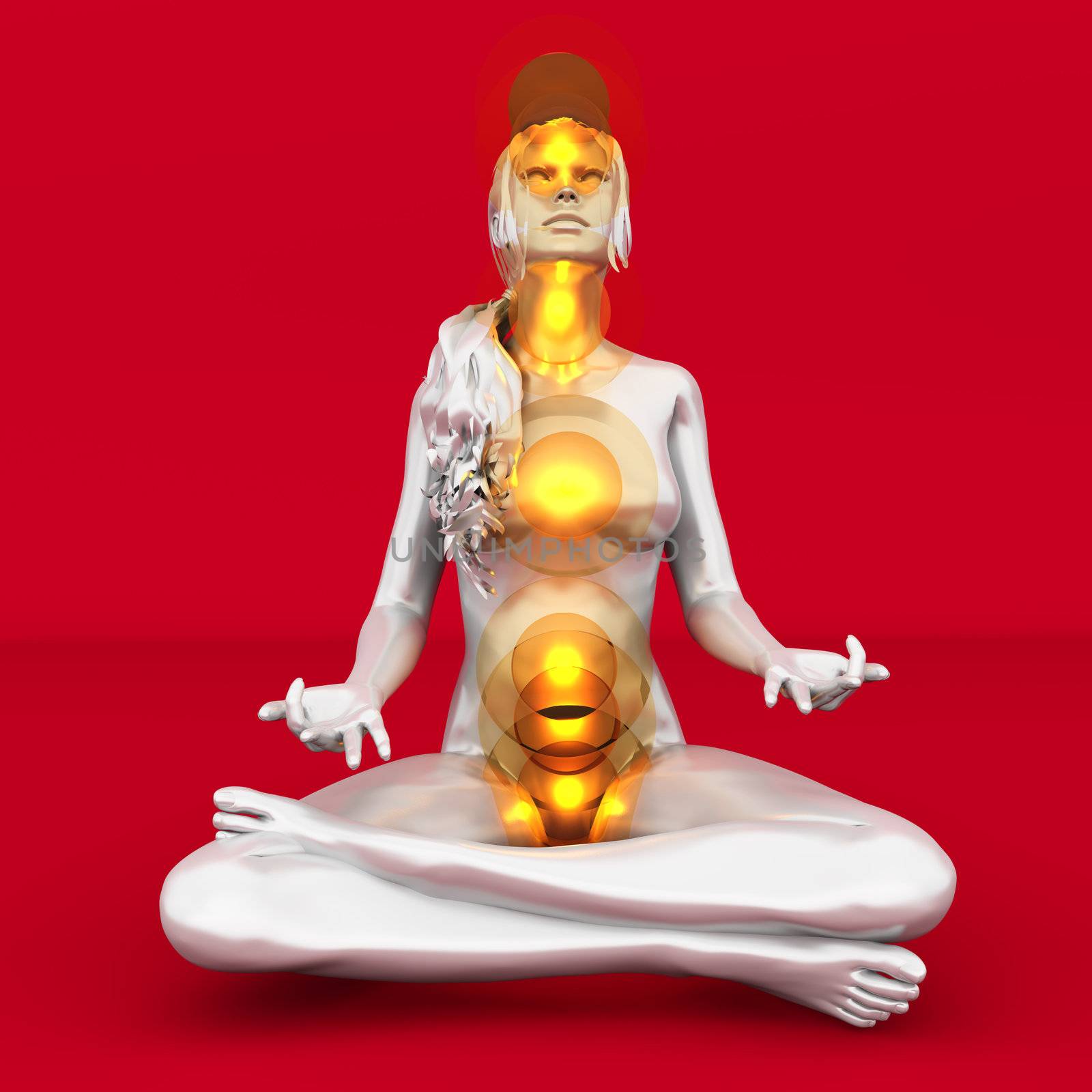 A woman performing a full chakra meditation. 3D rendered illustration. 