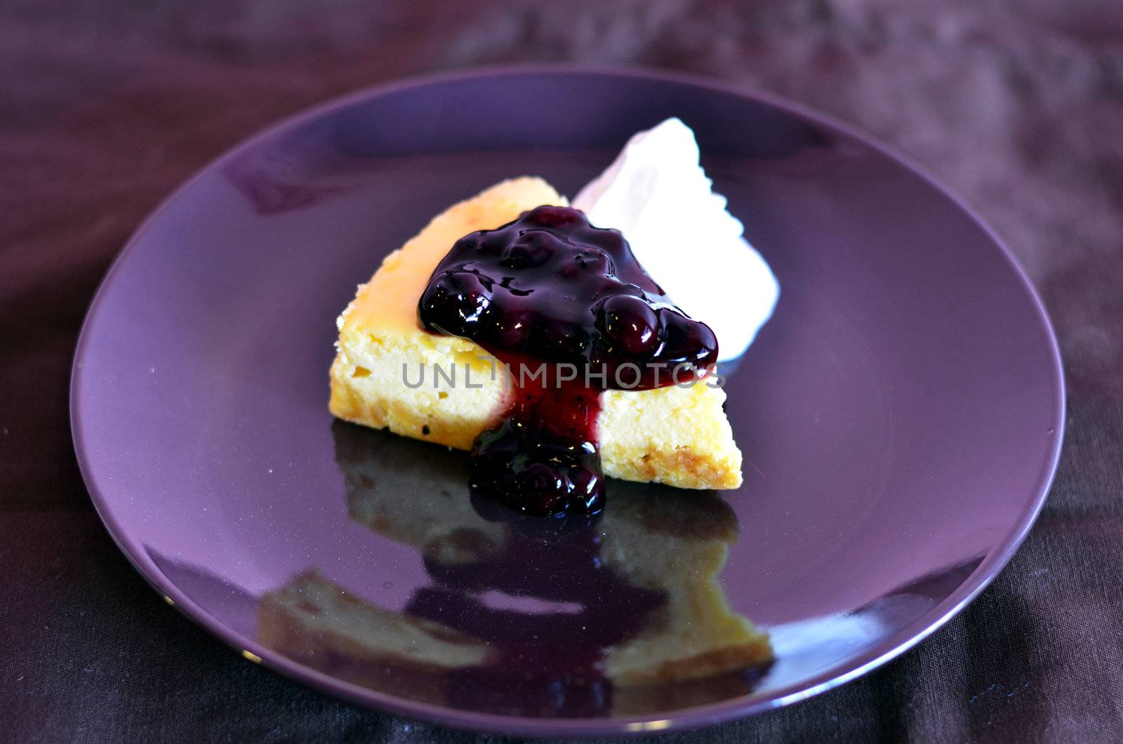 a slice of blueberry cheese cake served with whipped cream