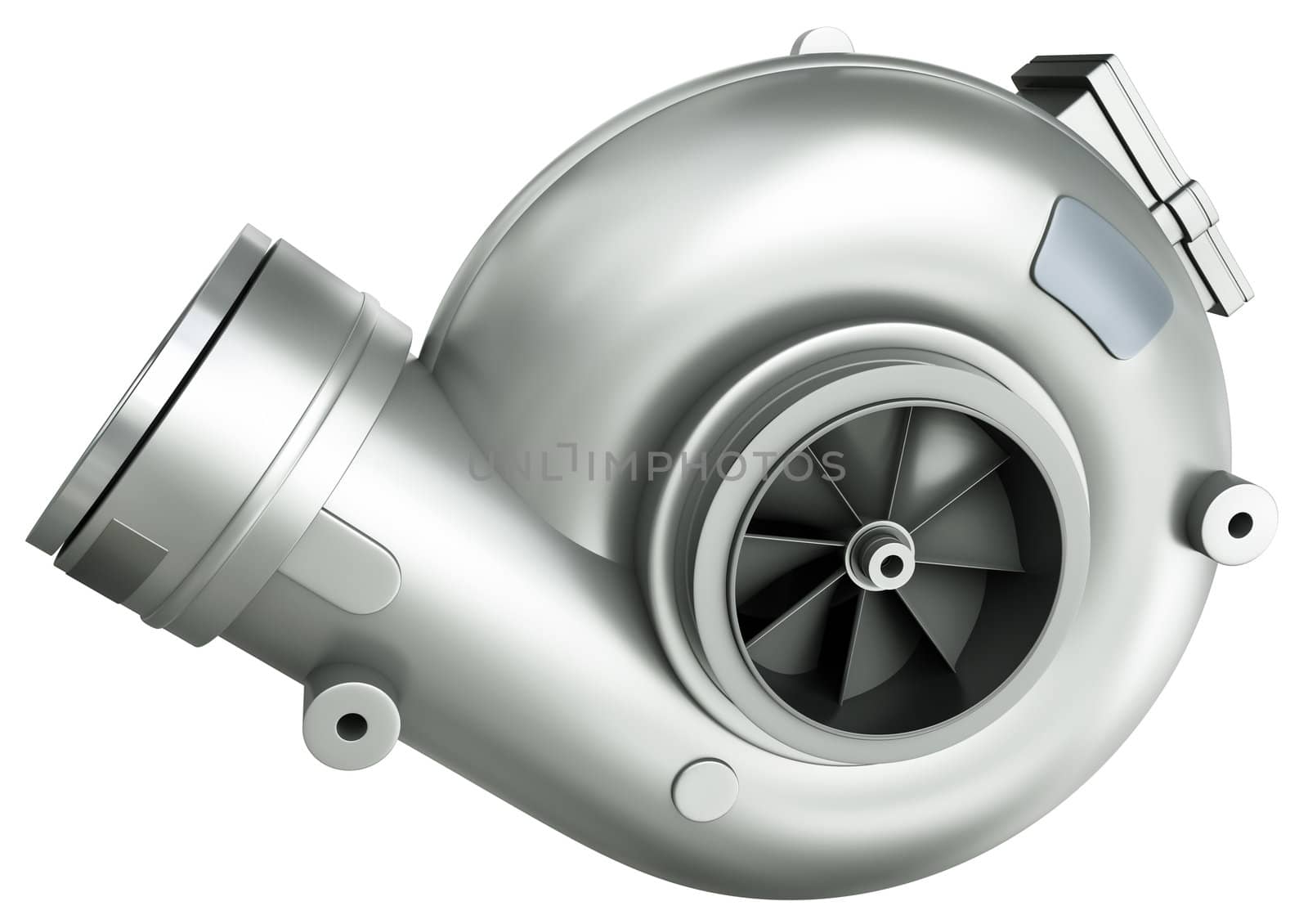 Automotive turbocharger, a device used for increasing engine power. 3D render.
