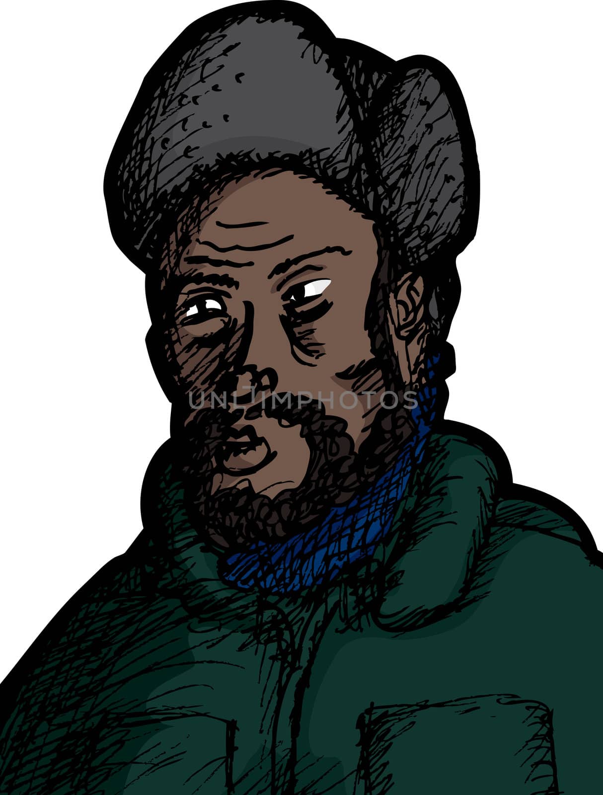 Bearded Black man in winter coat and fur hat