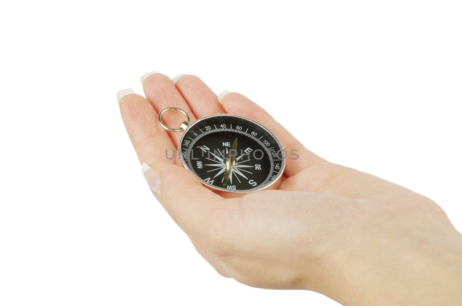 Compass in a hand isolated on the white