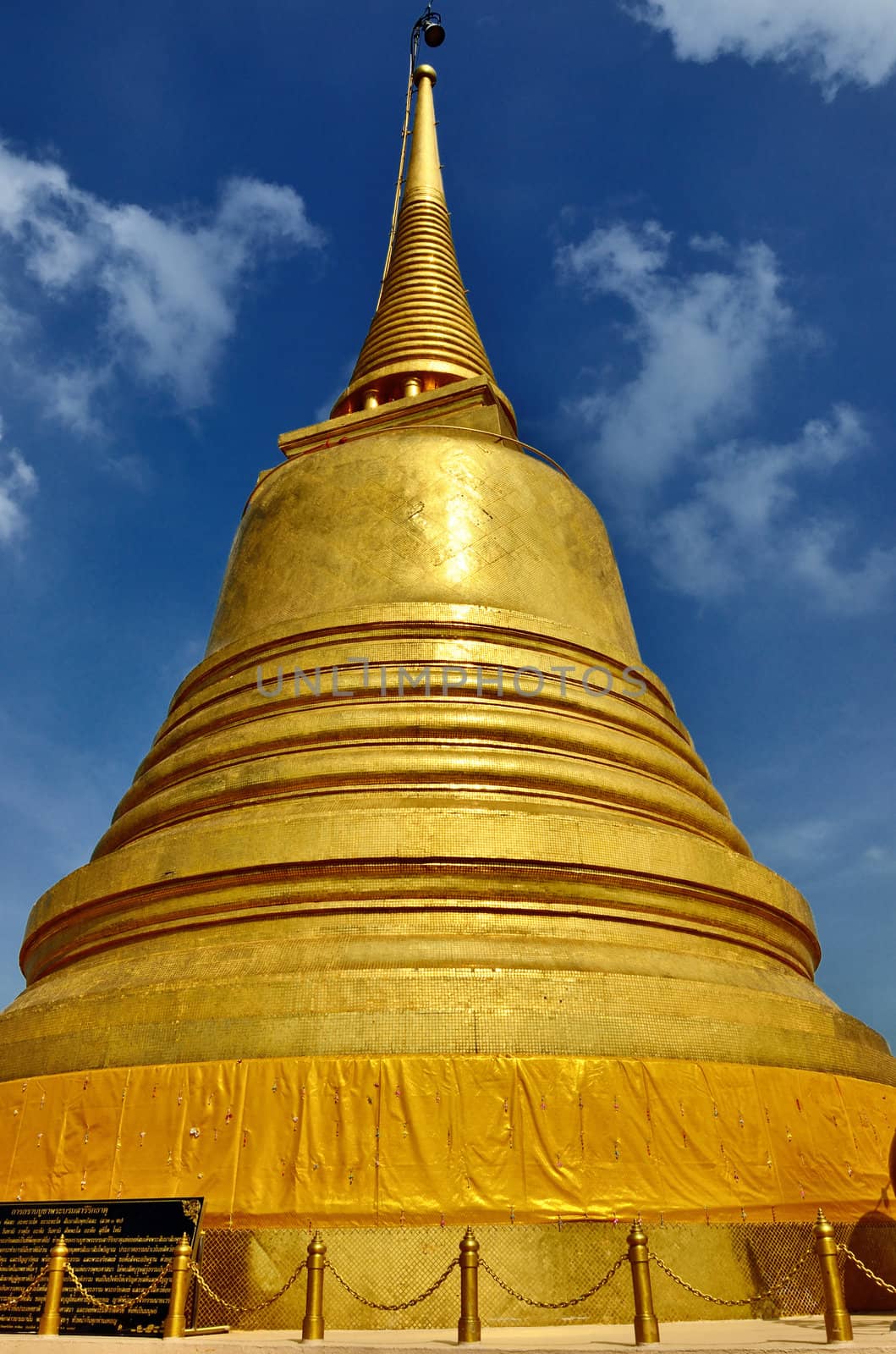 Golden pagoda on top of Golden mountain ,Wat Saket Ratcha Wora Maha Wihan, Bangkok, Thailand