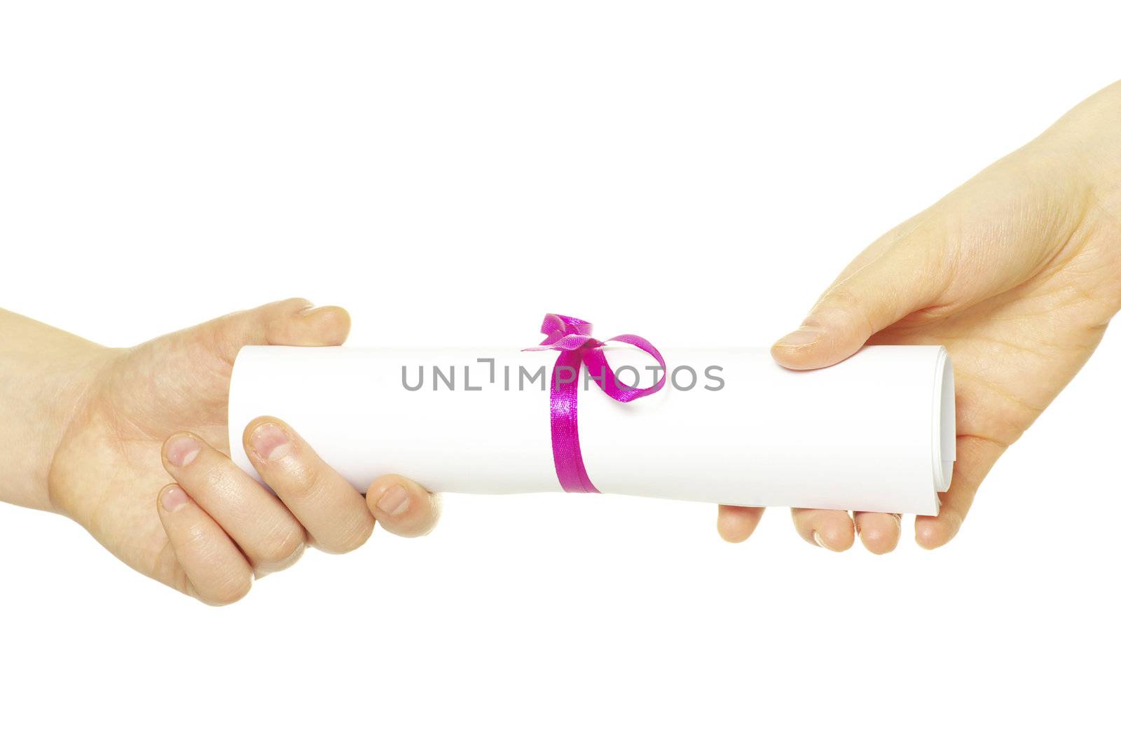 Diploma with a red ribbon in hand isolated on white 