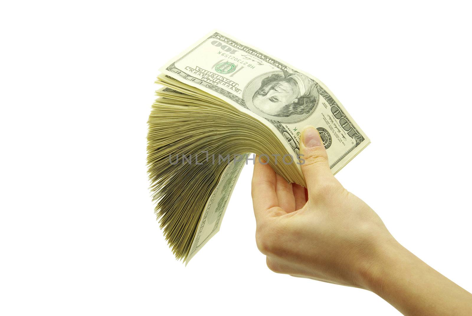 Hand with money isolated on white background