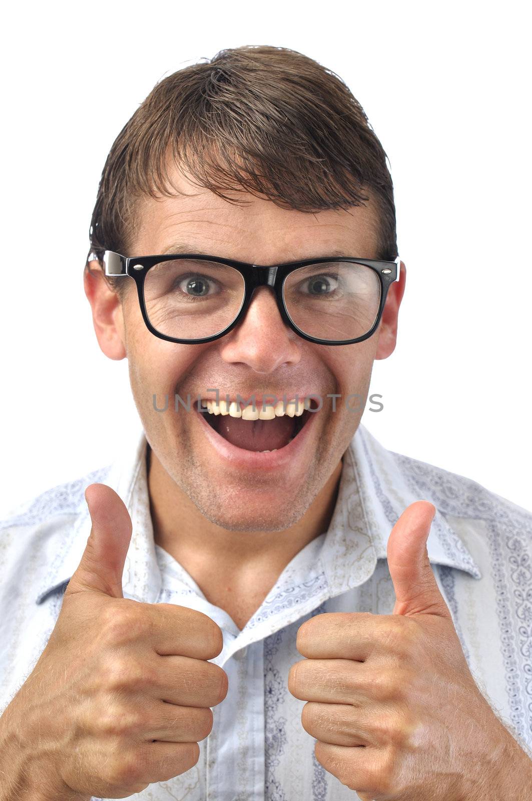 Closeup of happy male nerd giving thumbs up sign with two hands on white background