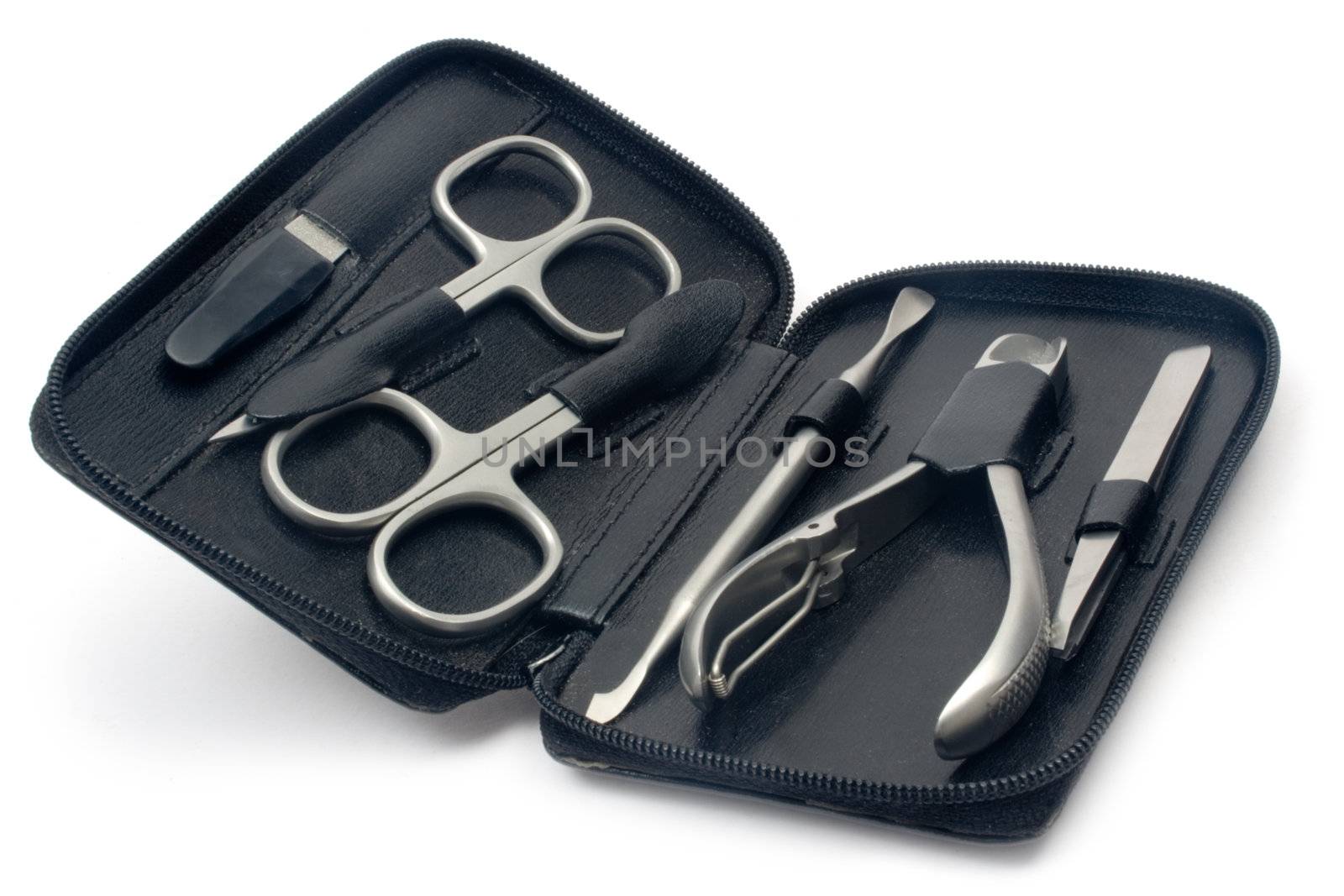 Leather manicure case isolated on white.
