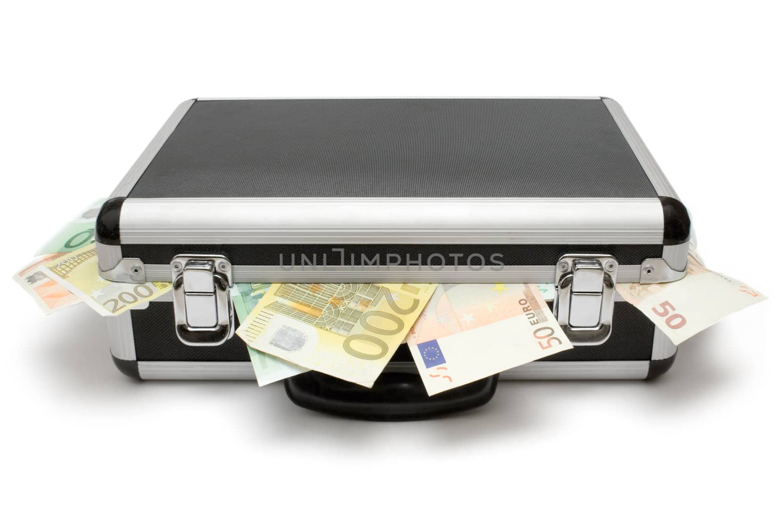 Suitcase full of Euro bills. Isolated on a white background.