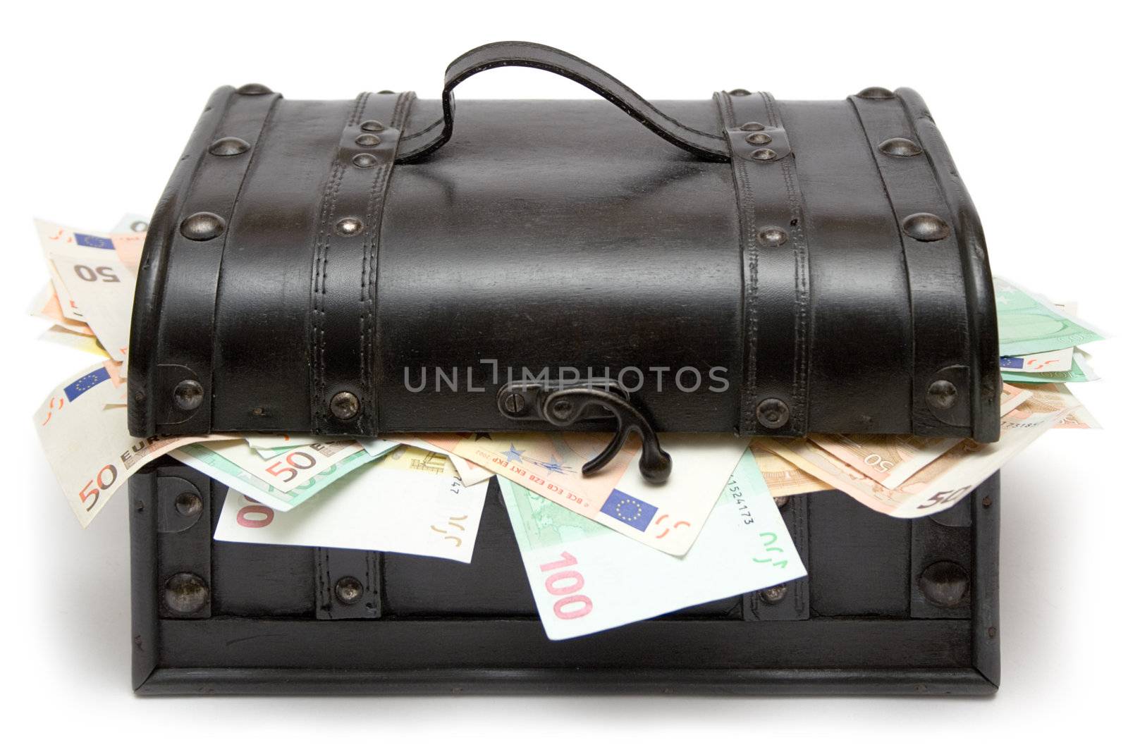 Brown leather case filled with various Euro bills. Isolated on a white background.