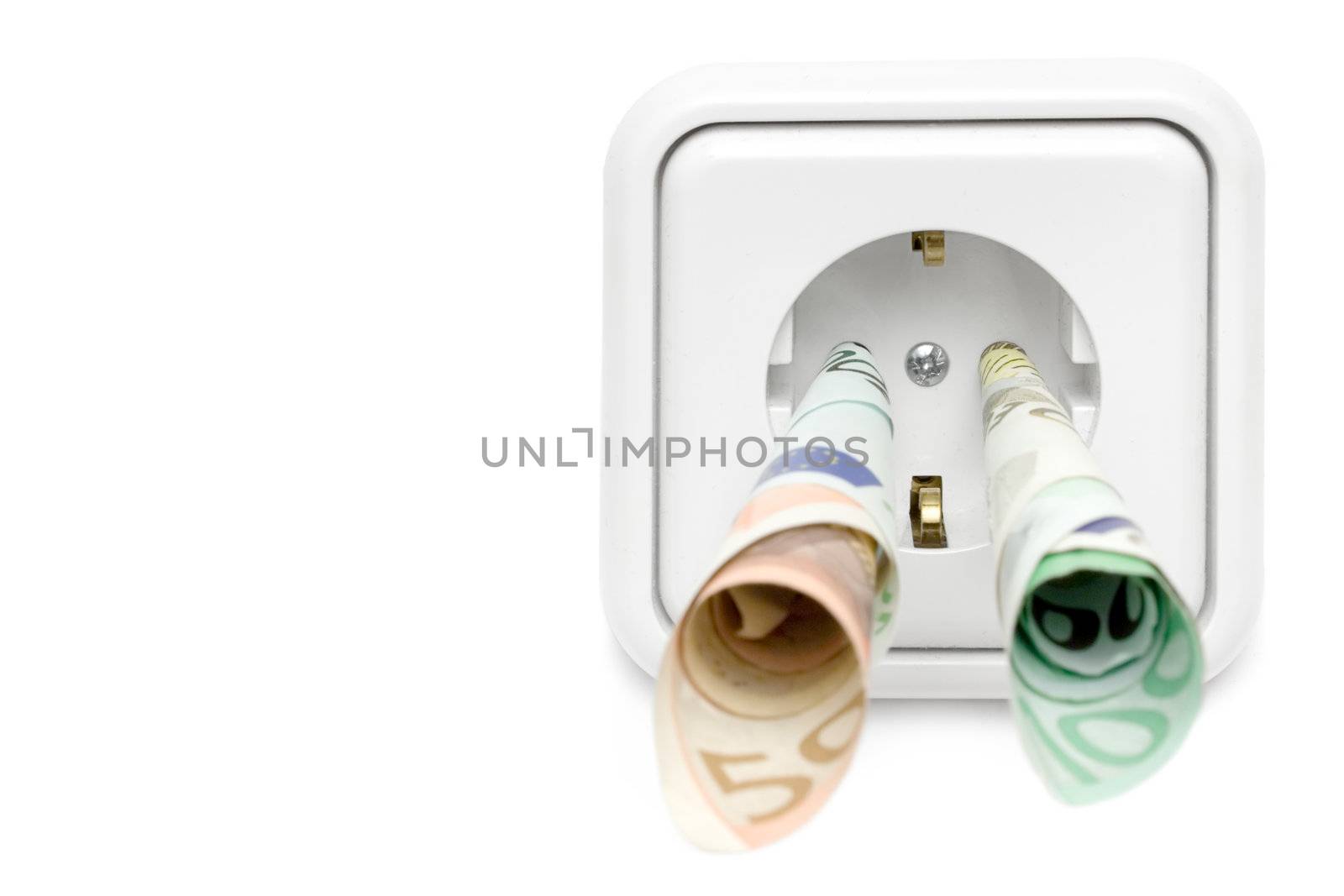 Banknotes attached to a power socket. Isolated on a white background.